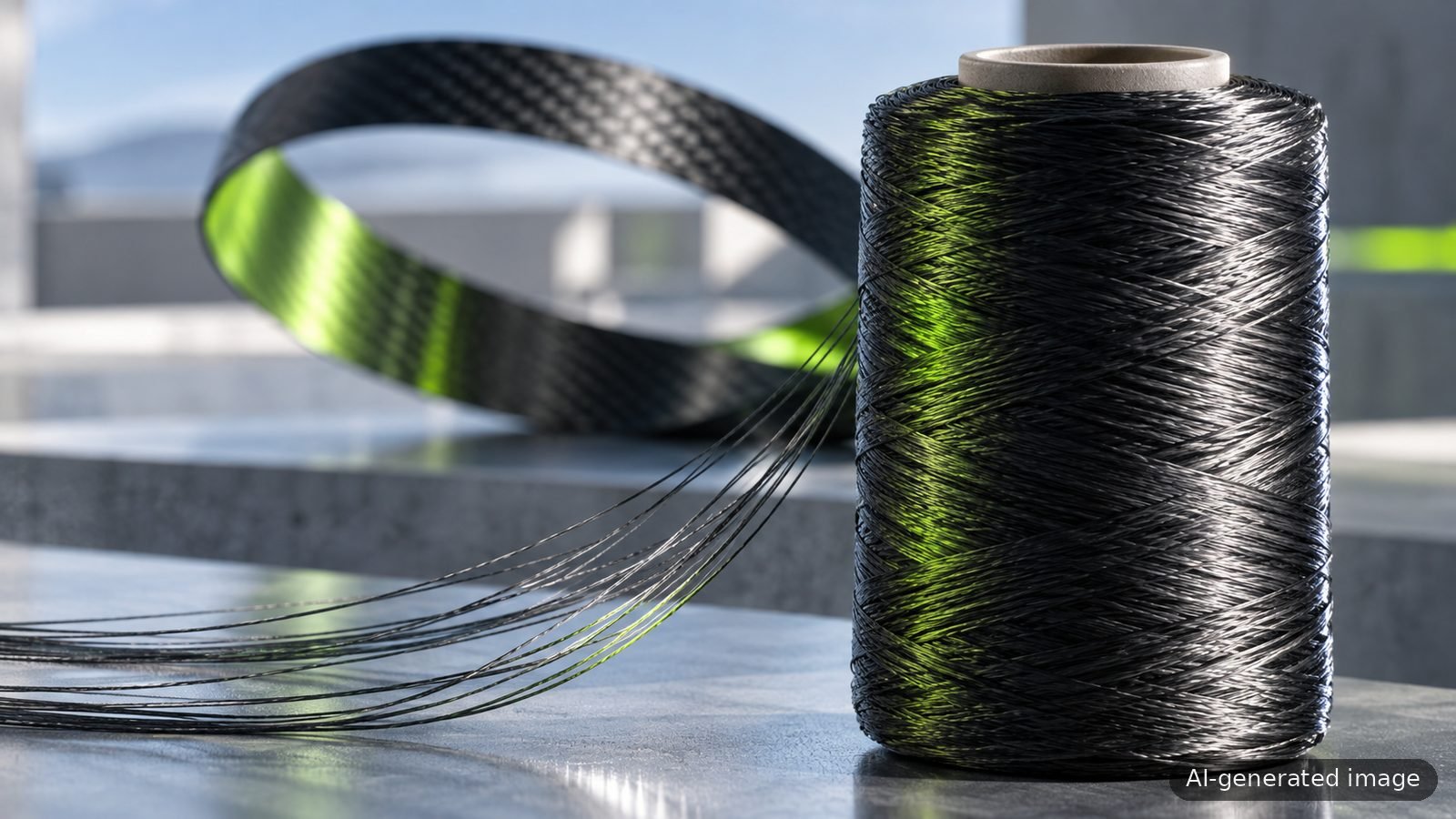 A spool of recycled carbon fibre yarn with a woven carbon fibre ribbon behind it (AI-generated illustration)