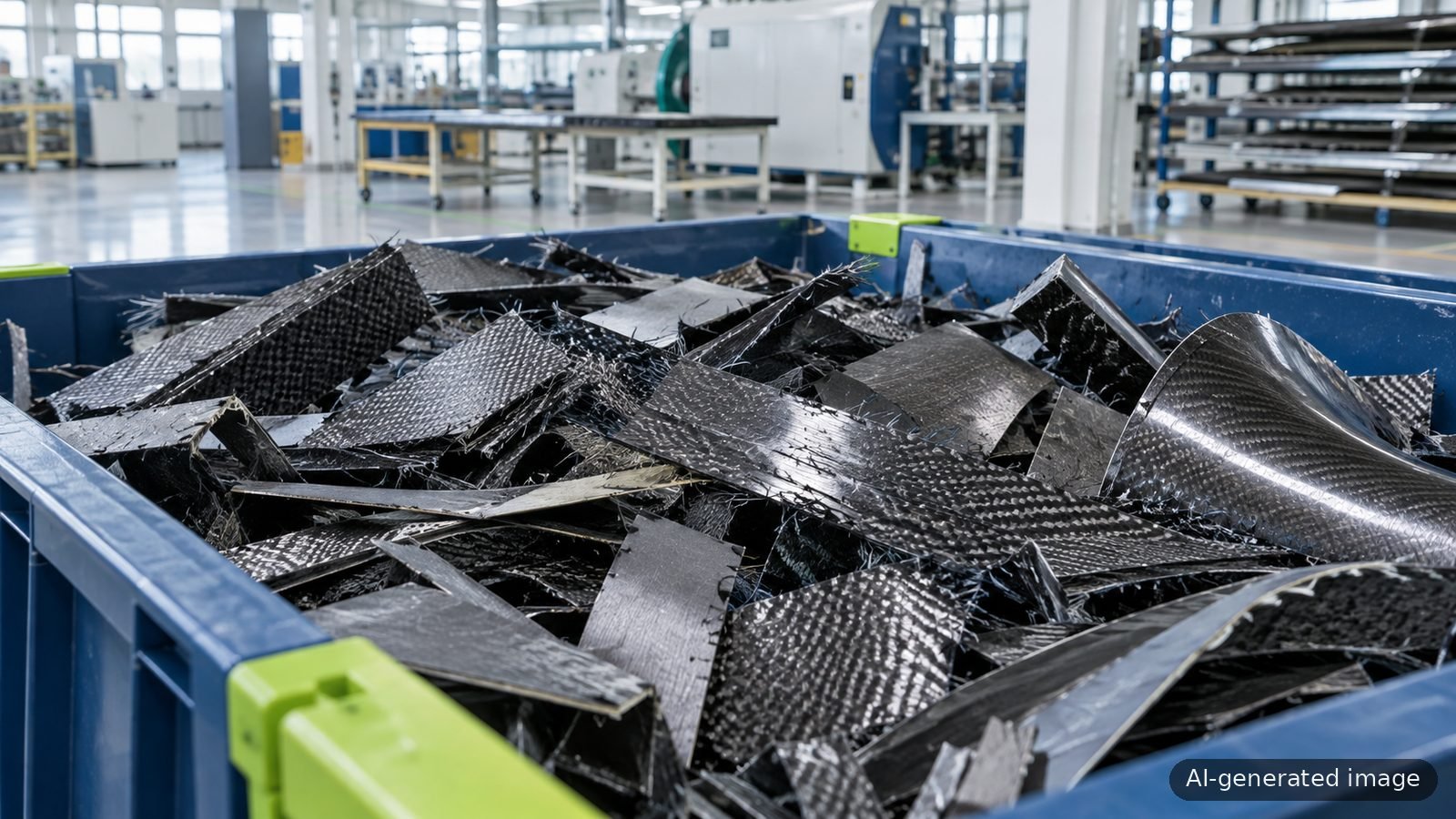 A bin of carbon fibre production offcuts in a composites workshop (AI-generated illustration)