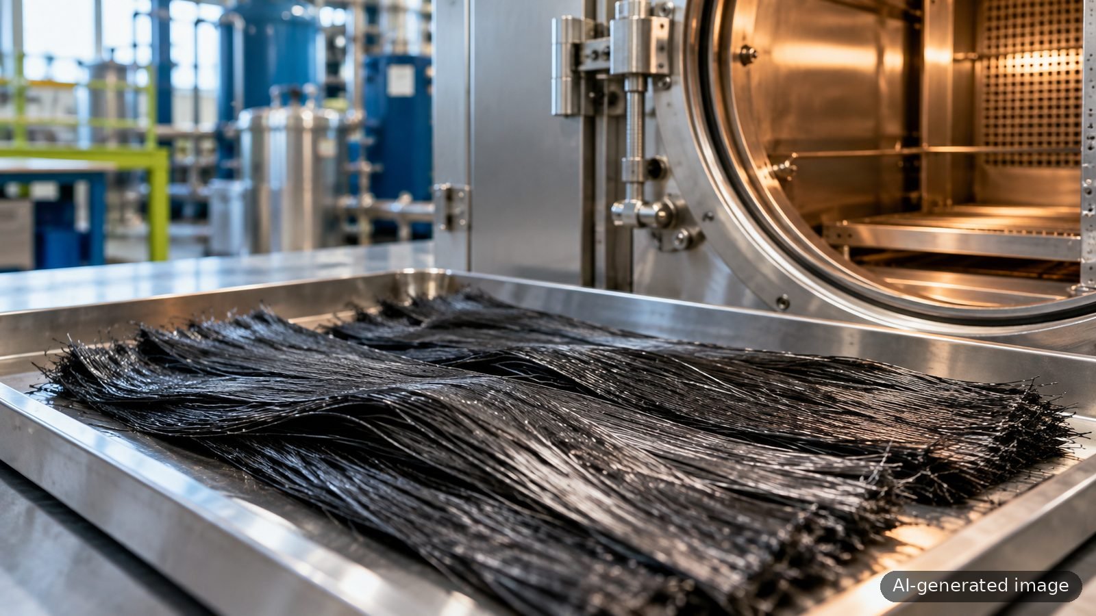 A tray of recovered carbon fibres in front of an open process chamber (AI-generated illustration)