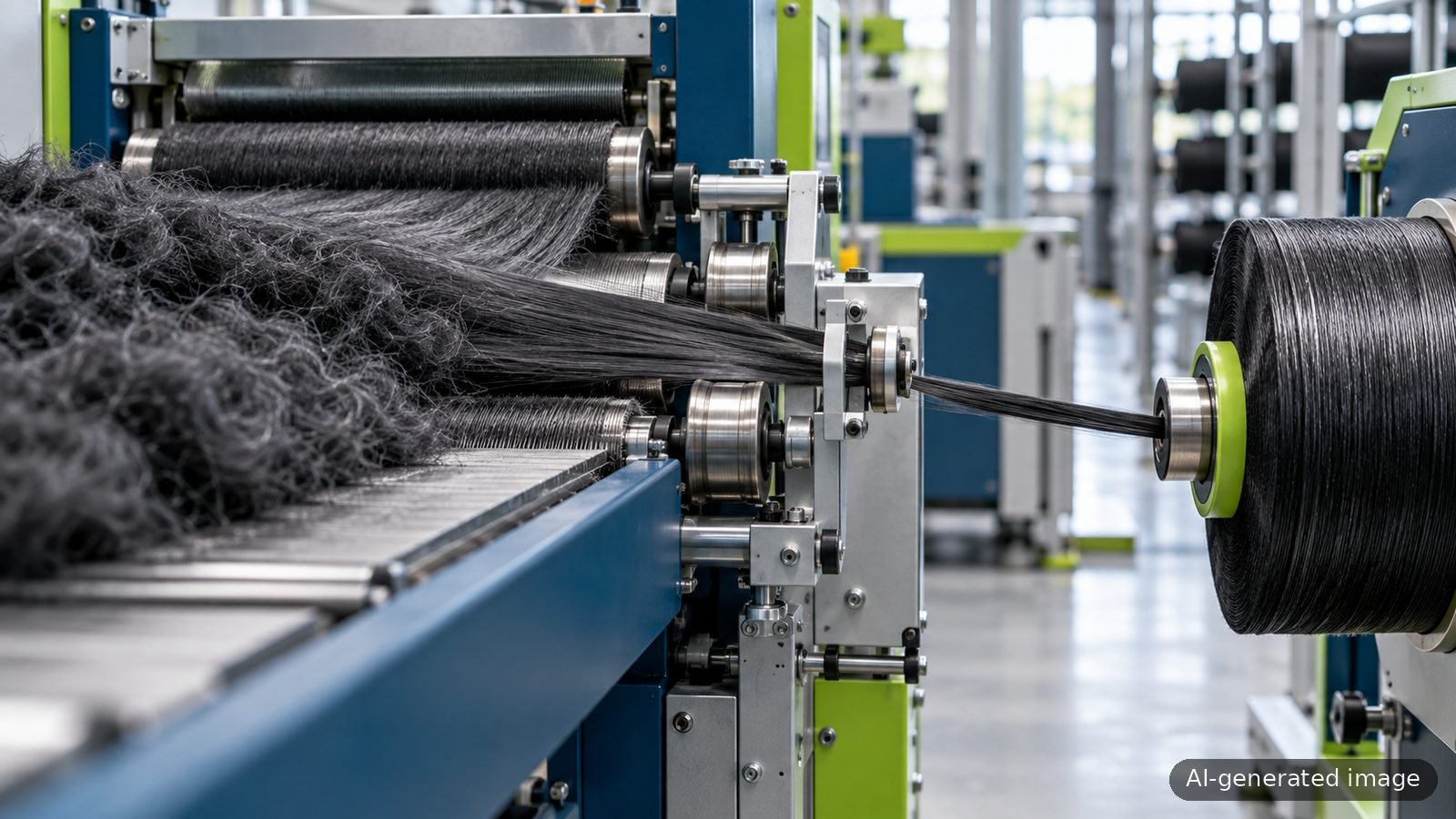 Carding and spinning machine drawing recovered fibre into yarn (AI-generated illustration)