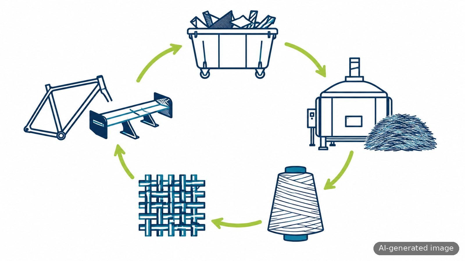 Circular diagram: waste bin, thermolysis unit with recovered fibre, yarn spool, woven fabric, then bicycle frame and race car wing (AI-generated illustration)