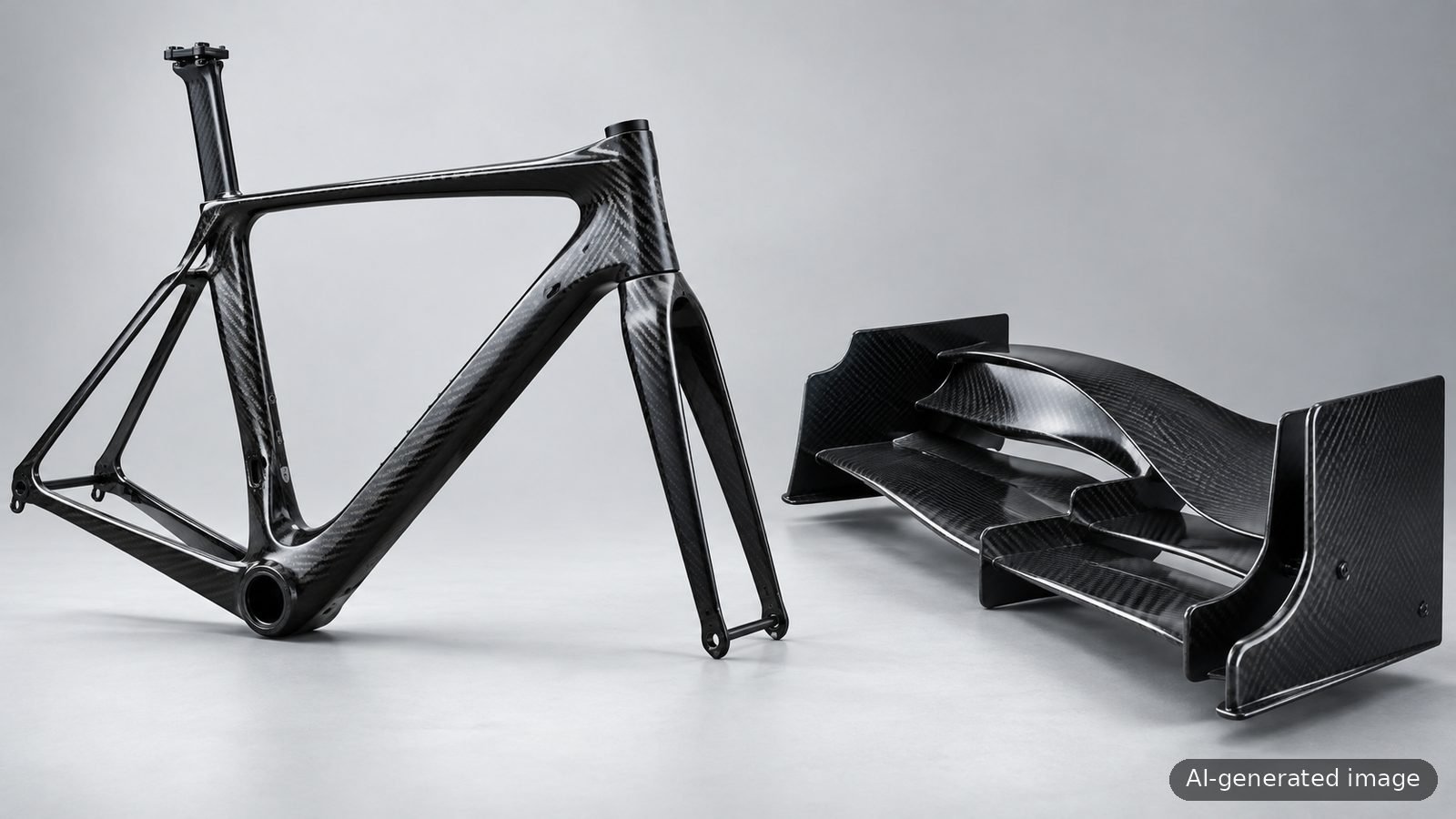 A carbon fibre bicycle frame and a race car front wing (AI-generated illustration)